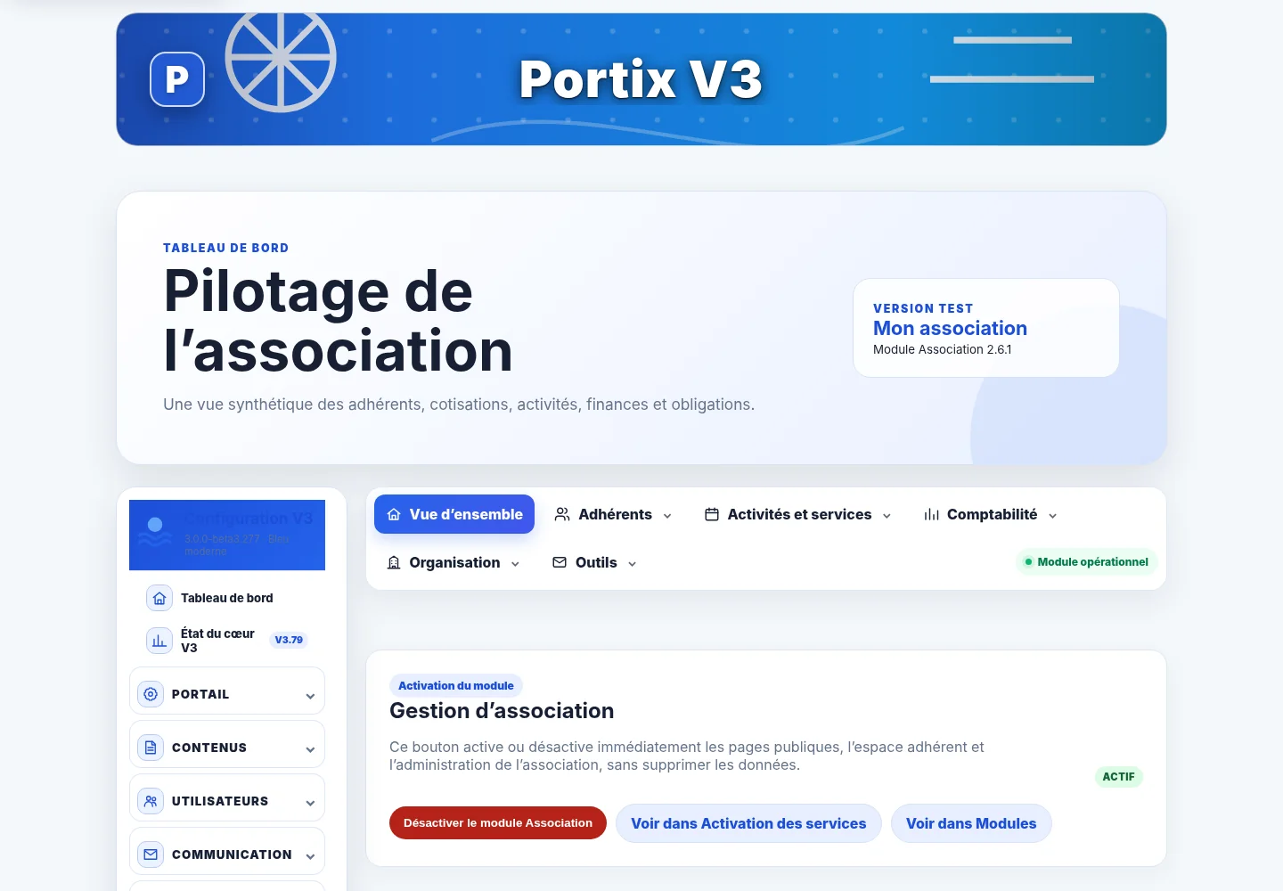 Tableau de bord du module Association de Portix