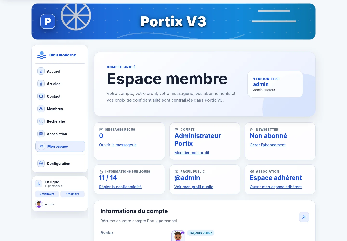Espace membre personnel de Portix